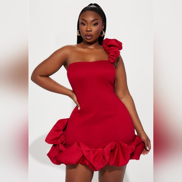 Red Ruffle One-Shoulder Mini Dress - Picture 2 of 2